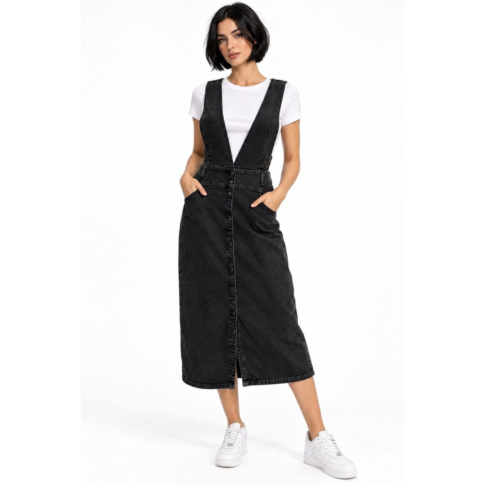 ZARA Black Washed Denim Midi Snap-Up Pinafore Dress Sz L